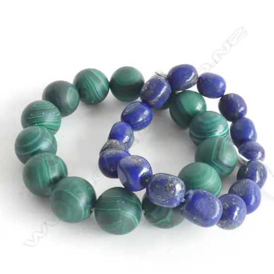 2 BEAD BRACLETS; MALACHITE & LAPIZ