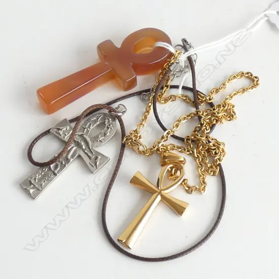 3 ANKH CROSSES; AGATE, SILVER METAL & GOLD METAL NECKLACES