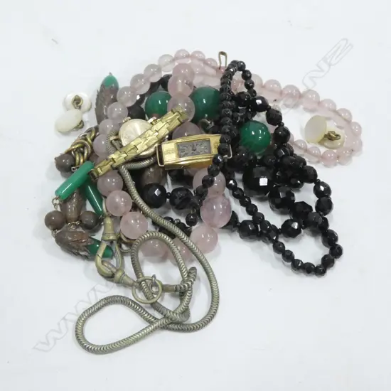 BAG ASST VINTAGE BEADS (INCL JET) + MOP CUFFLINKS ETC.