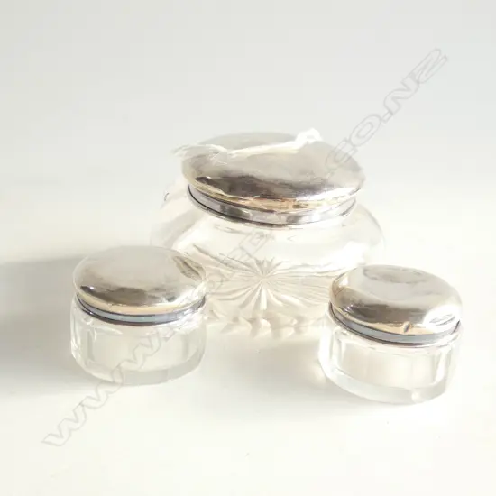3 SILVER TOPPED FACETTED GLASS VANITY POTS
