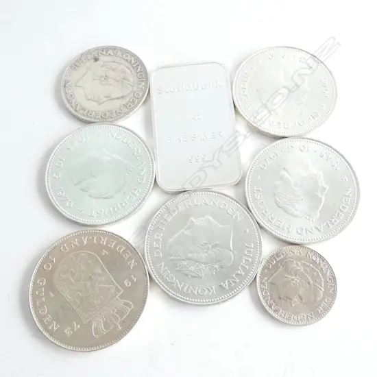 7 DUTCH SILVER COINS + 999 SILVER TOKEN 178.7 GRAMS TOTAL