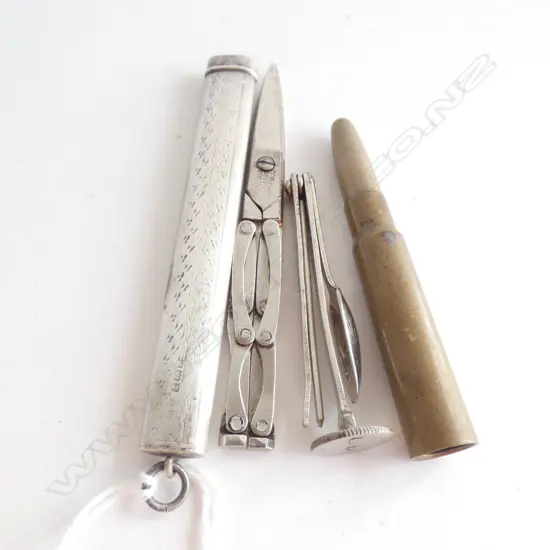 FOLD UP SCISSORS IN STG SILVER CASE(L90MM) & CARTRIDGE SHELL WITH HIDDEN UTENSILS (L 73MM)