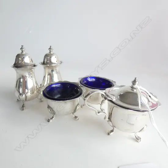BIRM.1928 SILVER 5 PCE CONDIMENT SET 134GMS SILVER WEIGHT