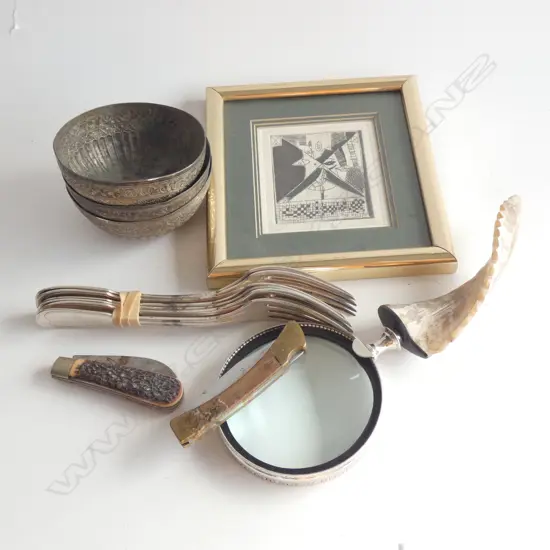 3 BURMESE SILVER PLATE BOWLS, 6 FORKS, 2 POCKET KNIVES, MAGNIFYING GLASS, PRINT 