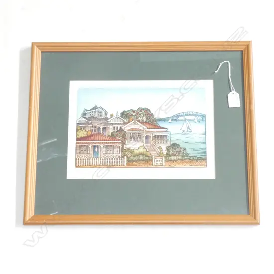 MARY E TAYLOR LTD ED PRINT 'HOUSES AND HARBOUR, AUCKLAND'