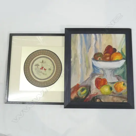 2 ARTWORKS; STILL LIFE & CIRCULAR ORIENTAL SILK EMBROIDERY 260mm dia