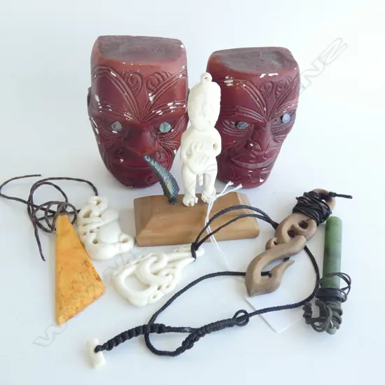 MAORI COLLECTABLES; BONE CARVINGS, POUNAMU, BOOKENDS ETC