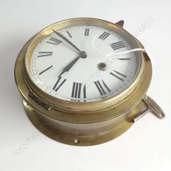 ANTIQUE BRASS SHIPS CLOCK ENAMEL FACE w. KEY 215mm dia