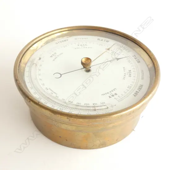 BRASS CASE BAROMETER - WORKING ORDER BUT THERMOMETER BROKEN 125mm dia