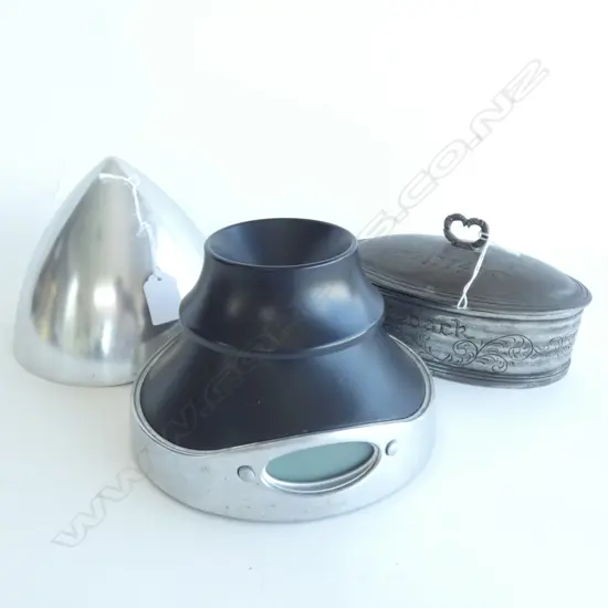 LIDDED PEWTER BOX L.190mm & SALTER CHROME KITCHEN SCALES 