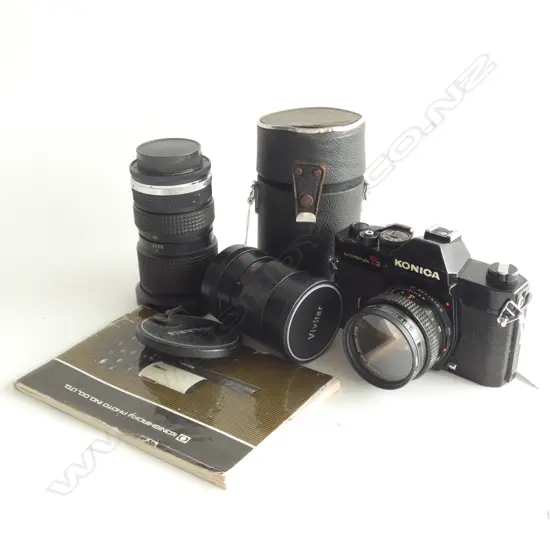 KONICA AUTROREFLEX T3 50mm CAMERA + INSTRUCTIONS + 2 LENSES; VIVITAR & POLARIS