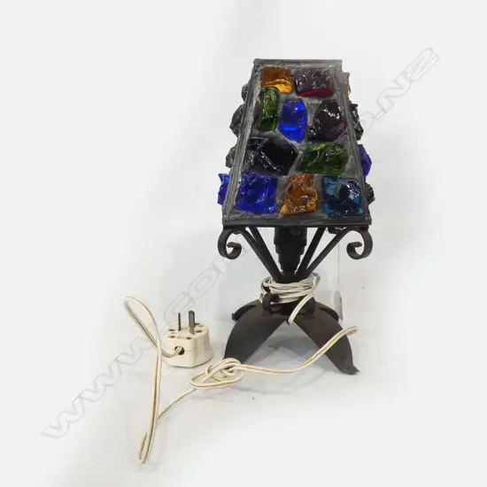 IRON & COLOURED GLASS CHUNKS LAMP H.