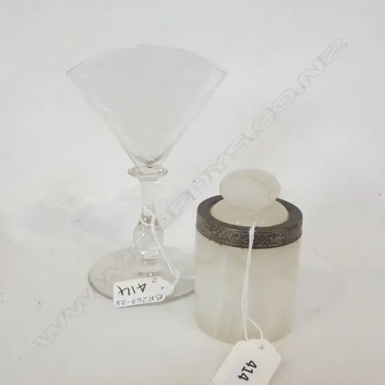 WHITE MARBLE LIDDED JAR (DIA 55MM) + FLATTENED ETCHED GLASS STEMMED VASE H.150MM 