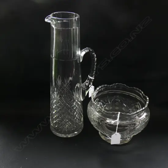 CUT GLASS SCALLOPED RIM FOOTED BOWL DIA 155MM & TALL WATER JUG H. 345MM