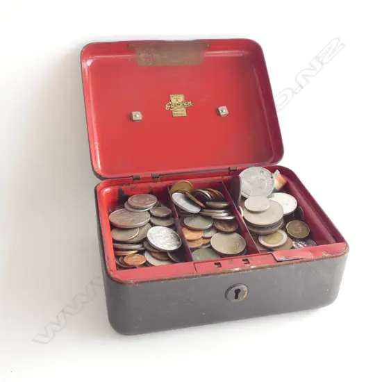 BLACK SAFE BOX ASST. WORLD NOTES & COINS