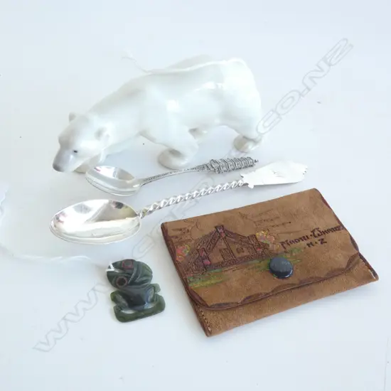 BING AND GRONDAHL POLAR BEAR + 2 STG SPOONS & SM MAORI WALLET & GREEN STONE TIKI PENDANT