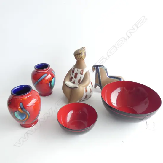 MID CENTURY LISA LARSON GUSTAVSBERG FIGURINE H.160mm + HORSE + 2 RED POOLE VASES & 2 RED ENAMEL BOWLS 