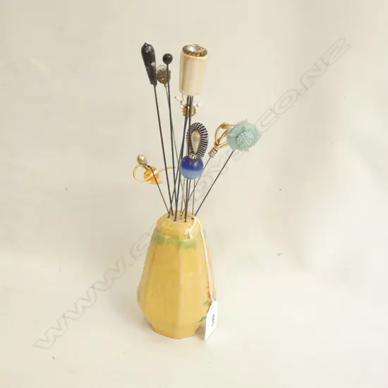 12 ANTIQUE HAT PINS IN YELLOW CHINA HOLDER 