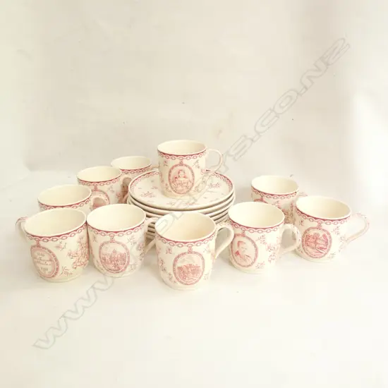 WEDGWOOD ATLANTA US CITY COUNCIL  PINK & WHITE DEMITASSE SET; 10 CUPS 8 SAUCERS; DARK STAINING INSIDE SOME CUPS