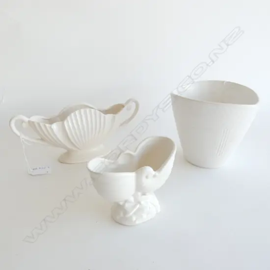 2 WHITE CROWN LYNN VASES; #677 & #312 H.130mm + ONE ENGLISH 