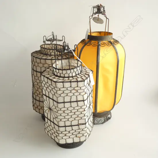 3 OLD CHINESE LANTERNS CLOTHE WIRE & METAL