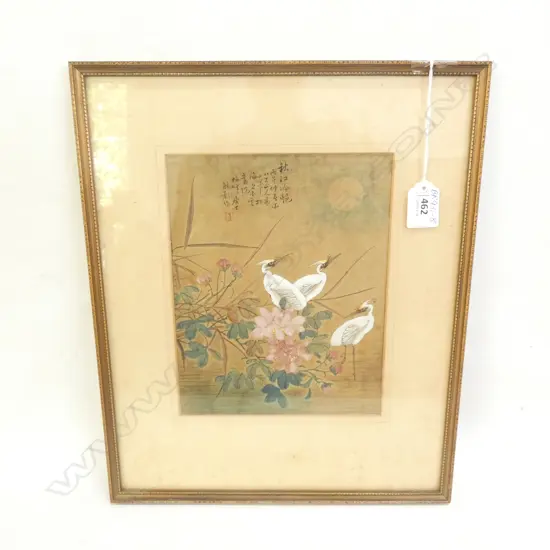 FRAMED  ORIENTAL STORKS WITH CHINESE INSCRIPTION 170 X 215MM FOXING
