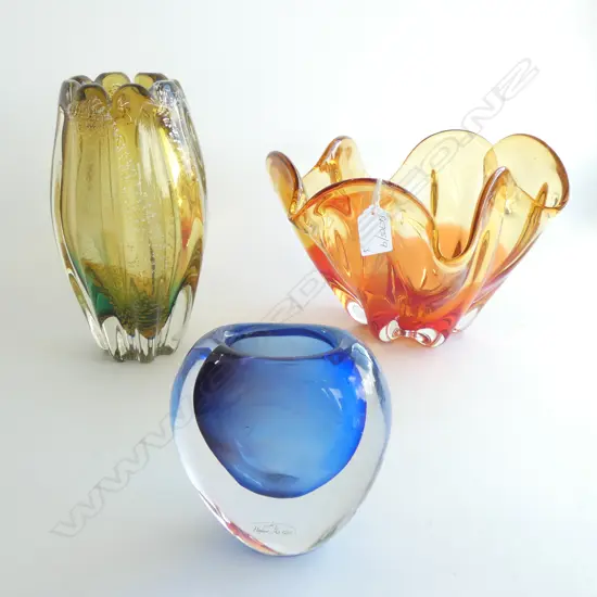 3 ART GLASS VASES; HOGLUND ETC