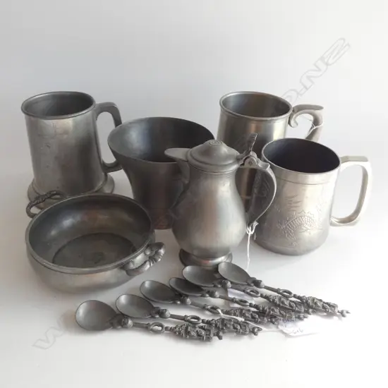 12 OLD PEWTER PCES; 6 TEASPOONS / 3 TANKARDS (1 A/F) / 2 DISHES / LIDDED JUG