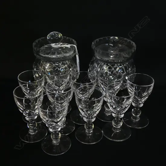 SET 10 STUART CRYSTAL LIQUER GLASES + 2 LIDDED POTS..