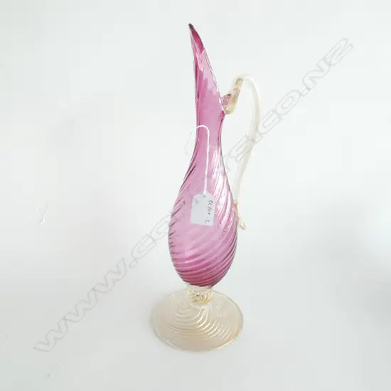 MURANO EWER, WRYTHEN CRANBERRY GLASS w 'ADVENTURINE' FOOT & HANDLE. H.355mm