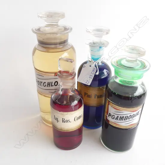 4 OLD CHEMIST BOTTLES   LARGEST H. 210MM