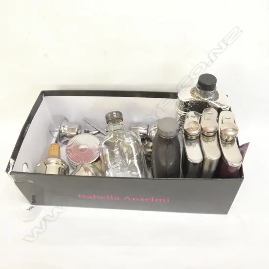 6 HIPFLASKS & 5 SPIRIT POURERS; LIONS HEAD ETC