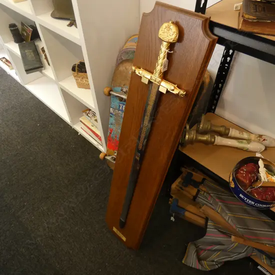 'THE SWORD OF CHARLEMAGNE' MOUNTED ON OAK BOARD H.1140mm