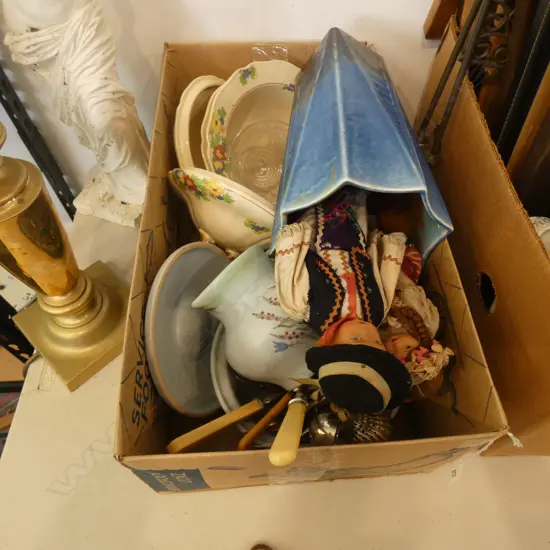 BOX LOT BUCHAN SCOTTISH STONEWARE, CUTLERY, DECO TUREENS & BLUE VASE ETC