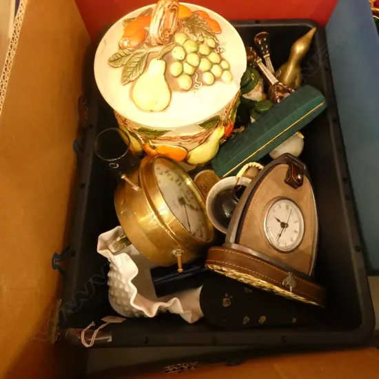 BOX LOT CLOCKS, BISCUIT BARREL ETC