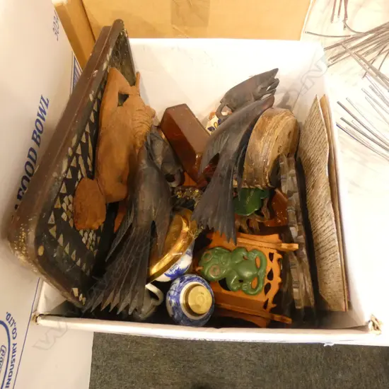 BOX LOT ASST. PCES; PR CARVED WOODEN BIRDS, TIKI ETC