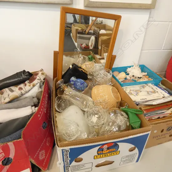 BOX LOT ASST. LIGHT SHADES, CRYSTAL, BAGS, MIRROR ETC