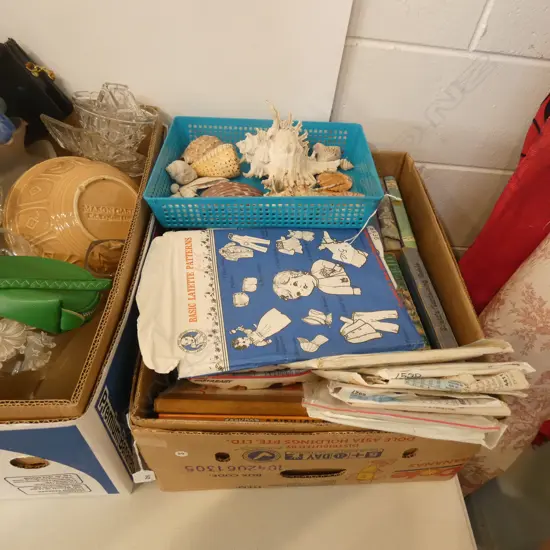 BOX LOT ASST. VINTAGE BOOKS; CHILDRENS ANNUALS ETC + ASST. SHELLS