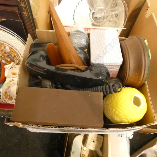 BOX LOT ASST. OLD PHONE RECIEVER, TINS ETC