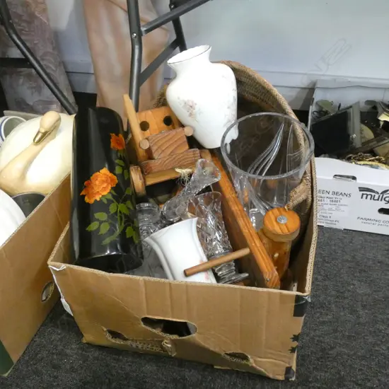 BOX LOT SILVERPLATE, WOODEN TOY, CRYSTAL ETC