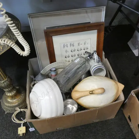 BOX LOT TANKARDS, 2 ARTWORKS, WHITE SPODE BOWL, SODA SIPHON ETC