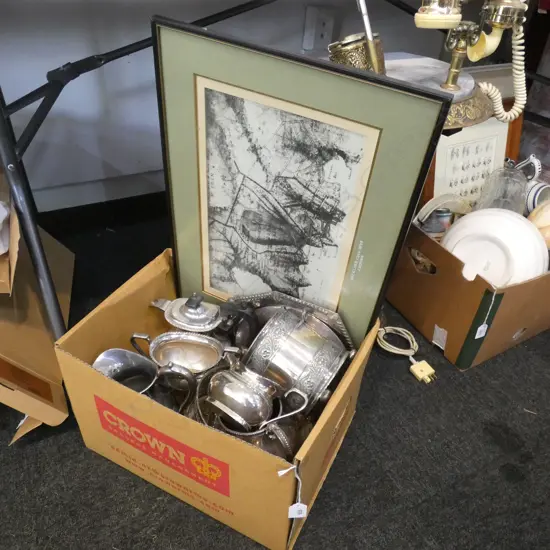 BOX LOT ASST. SILVER PLATE & CRYSTAL BOWL + EARLY AUCKLAND PRINT