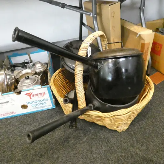 WOVEN CANE BASKET & 4 BLACK METAL POTS
