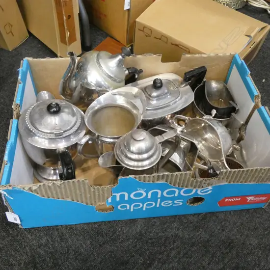 BOX LOT ASST. SILVER PLATE TEA POTS ETC