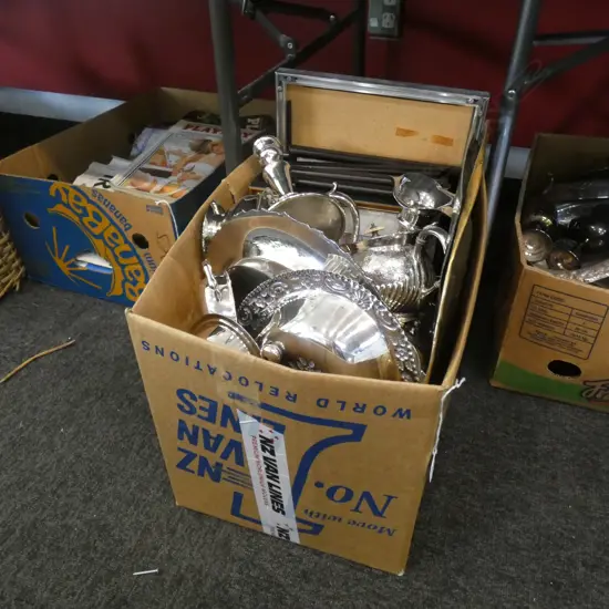 BOX LOT ASST. PRINTS & SILVER PLATE