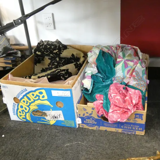 2 BOXES ASST. FABRIC & TRIMS, 2 BED THROWS ETC