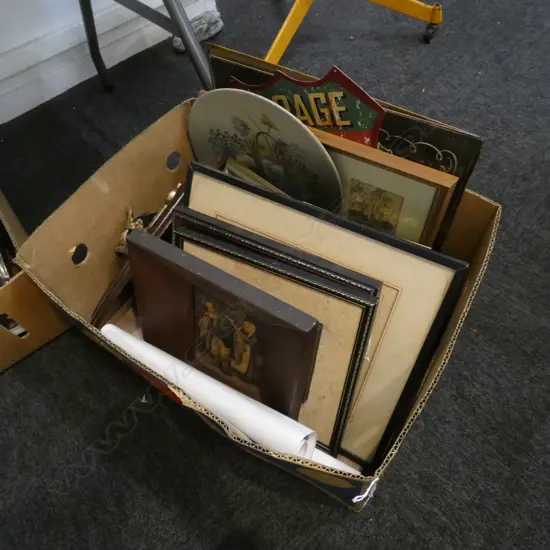 BOX LOT ASST. ARTWORKS / FRAMES / METAL SIGNS