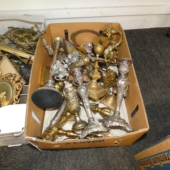BOX LOT ASST. METAL CANDLESTICKS ETC
