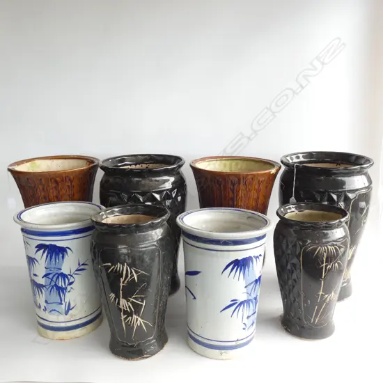 4 PRS CHINESE PLANT POTS AF; 2 BLACK PRS, B/W & BROWN H.390mm