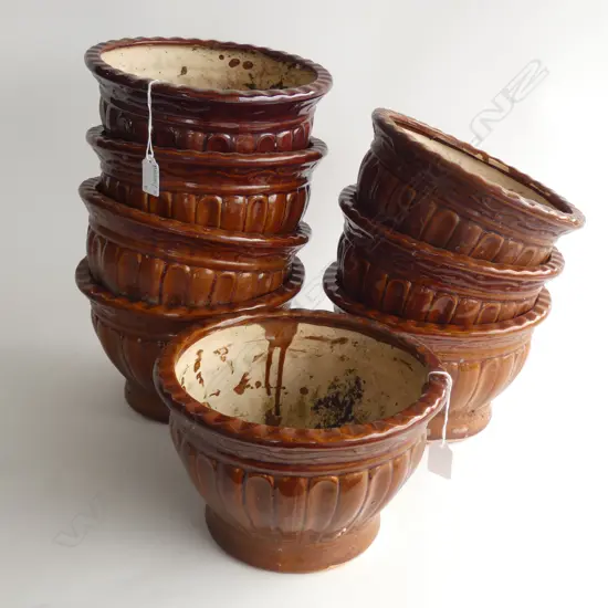 8 BROWN CERAMIC POTS 250mm dia